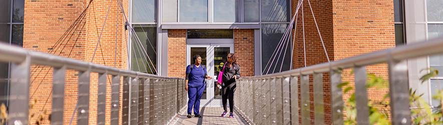 Two students walk and talk together across an outdoor pedestrian bridge leading into a campus building.